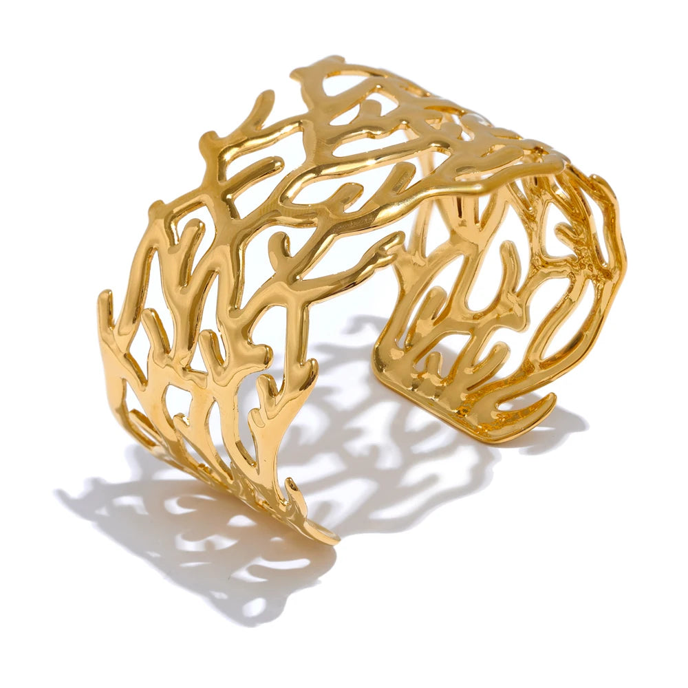 Statement Stainless Steel Twig Geometric Hollow Wide Cuff Big Bracelet Bangle for Women Waterproof Large Jewelry