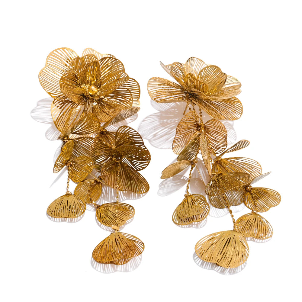 Stainless Steel Big Flower Tassel Drop Dangle Exaggerated Earrings Metal Fashion Eye-Catching Party Jewelry Hypoallergenic