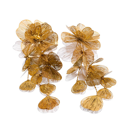 Stainless Steel Big Flower Tassel Drop Dangle Exaggerated Earrings Metal Fashion Eye-Catching Party Jewelry Hypoallergenic