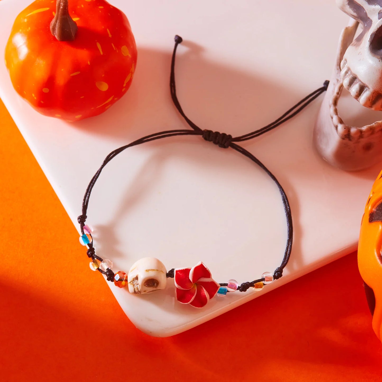 Fashion Halloween Handmade Braided Bracelet for Women Pumpkin Skeleton Skull Big Flower Beaded Bangles Festival Party Jewelry