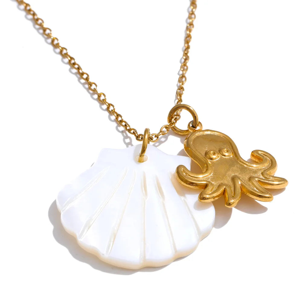 Summer Ocean Style Shell Starfish Conch Pendant Necklace 18K Gold Color Plated Waterproof Charm Jewelry Gift