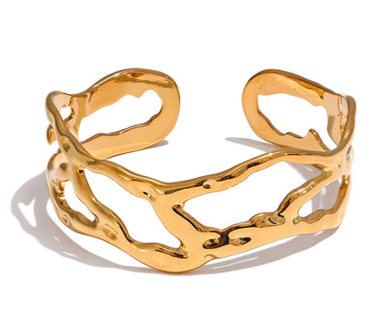 Stylish Unique Design Stainless Steel Metal Hollow Wide Cuff Bracelet Bangle Texture Rust Proof 18K PVD Plated Jewelry