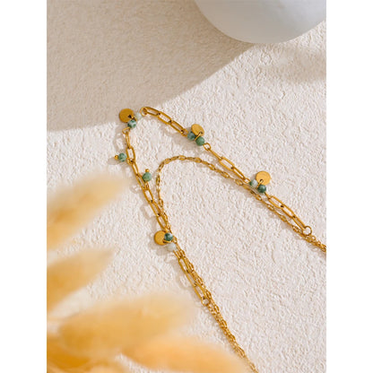 Exquisite Stainless Steel Green Natural Stone Double-Layer Chain Stacking Necklace for Women High Quality Jewelry Gift