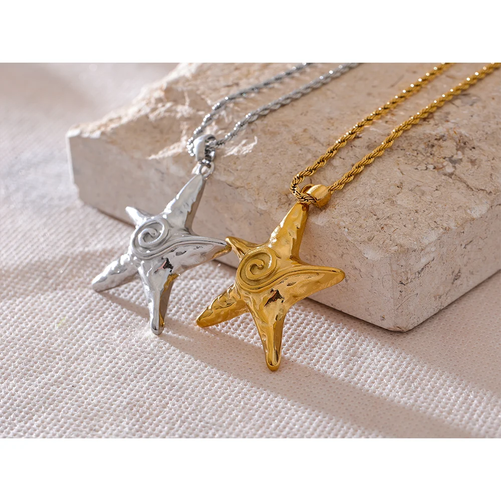 316L Stainless Steel Starfish Pendant Necklace Rust Proof Statement 18K Gold PVD Plated Individualistic Holiday Jewelry