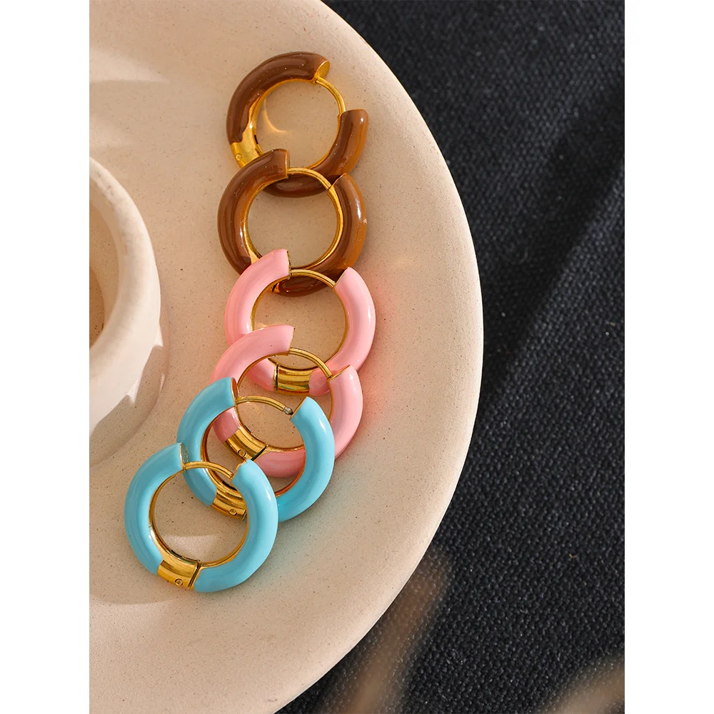 20mm Candy Color Blue Pink Brown Enamel Stainless Steel Hollow Hoop Earrings Golden Simple Trendy Y2K Sweet Jewelry Gift