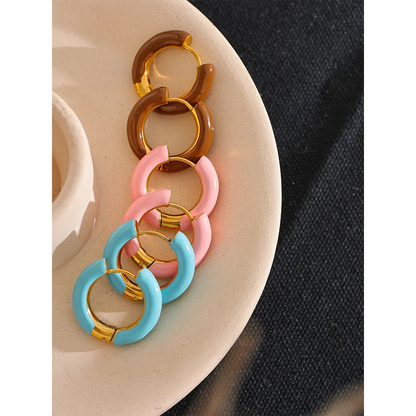 20mm Candy Color Blue Pink Brown Enamel Stainless Steel Hollow Hoop Earrings Golden Simple Trendy Y2K Sweet Jewelry Gift