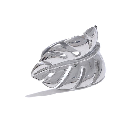 Stylish Design Stainless Steel Metal Leaf Leaves Open Ring Rust Proof Individualistic Fashion Jewelry Water Resistant Gift