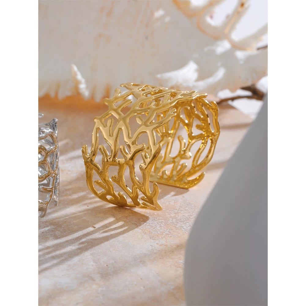 Statement Stainless Steel Twig Geometric Hollow Wide Cuff Big Bracelet Bangle for Women Waterproof Large Jewelry
