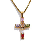 Delicate Colorful Bling Cubic Zirconia Cross Pendant Stainless Steel Luxury Necklace High-Grade Fashion Shiny Jewelry Gift