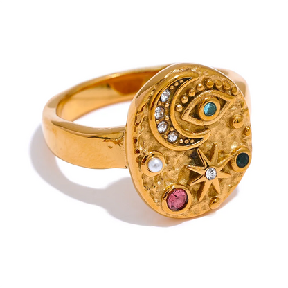 Stainless Steel Star Moon Eye Charms Ring Colorful CZ Zirconia 18K Gold Color High Quality Celestial Jewelry Women Gala
