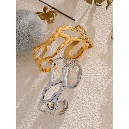 Stylish Unique Design Stainless Steel Metal Hollow Wide Cuff Bracelet Bangle Texture Rust Proof 18K PVD Plated Jewelry