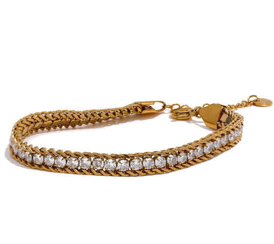 Shiny Cubic Zirconia Stainless Steel Chain Gold Color PVD Plated Bracelet Bangle for Women High Quality Jewelry Waterproof
