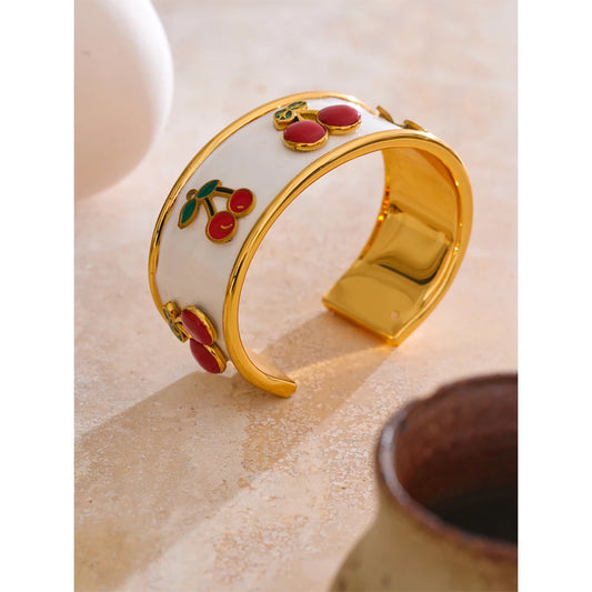 64mm Stainless Steel White Enamel Cherry Shape Cuff Bracelet Bangle Hot Style Exquisite Jewelry Gift