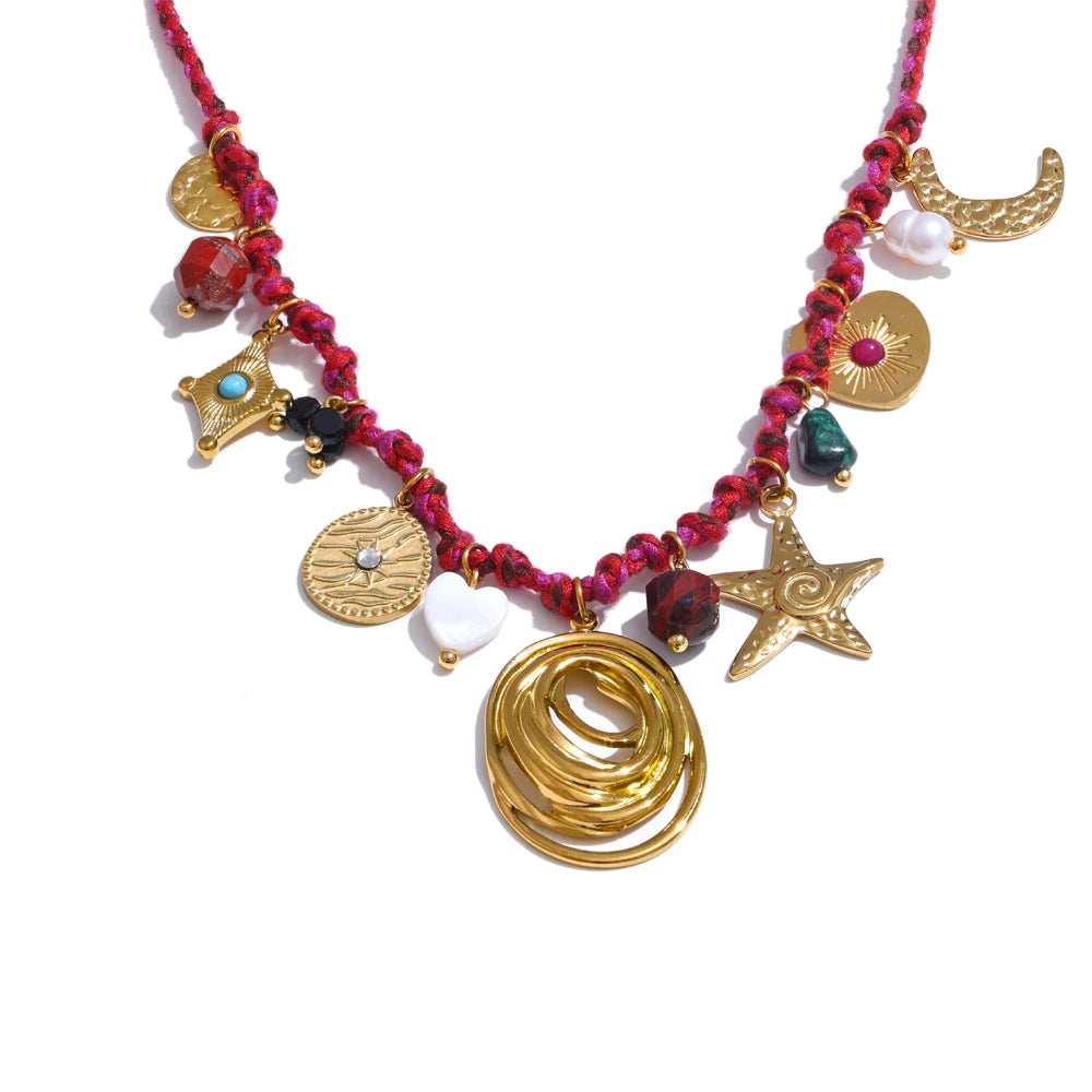 Fashion Rope Braided Handmade Necklace Drop Natural Stone Moon Star Stainless Steel Accessories Popular Jewelry