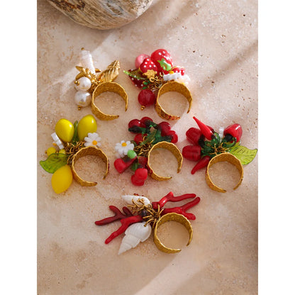 Exclusive Design Strawberry Cherry Chilli Shell Resin Drop Open Adjustable Ring 18K Golden Stainless Steel Charm Jewelry