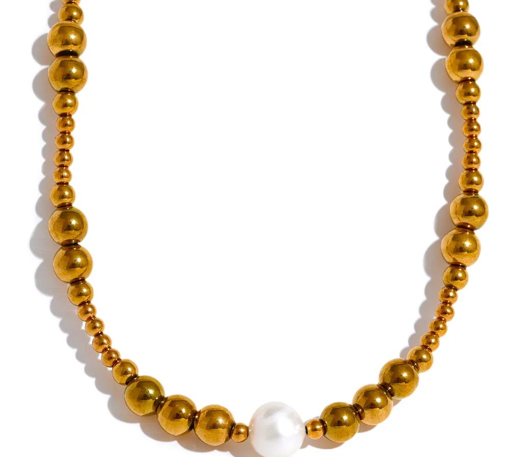 Waterproof Stainless Steel Natural Pearl Metal 18K Gold Plated Beads Necklace Women Fashion Collar Jewelry Bijoux