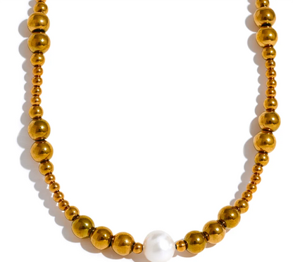 Waterproof Stainless Steel Natural Pearl Metal 18K Gold Plated Beads Necklace Women Fashion Collar Jewelry Bijoux