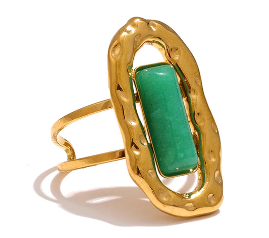 Natural Stone Green Agate Cuff Open Adjustable Ring 18K PVD Plated Stainless Steel Golden Fashion Finger Jewelry Gift
