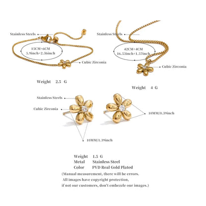 Hot Style Stainless Steel Zirconia Flower Pendant Necklace Bracelet Bangle Earrings 18K Plated Golden Versatile Jewelry