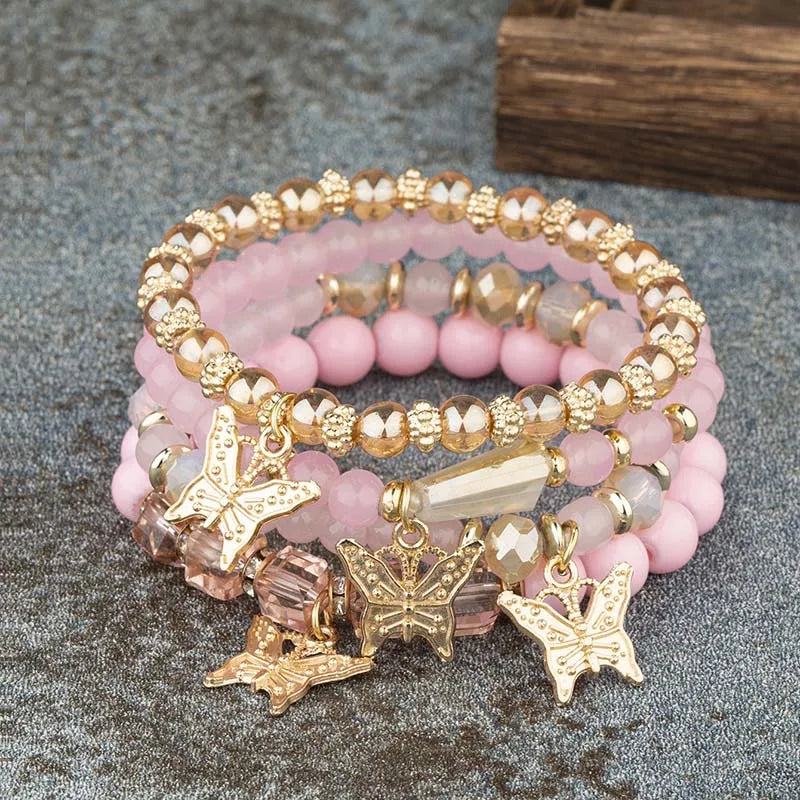 Trendy Butterfly Beaded Bracelet Set For Women Pink Acrylic Beads Elastic Chain Bangle Female Bohemian Party Jewelry Gift