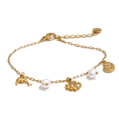 Ocean Style Stainless Steel Shell Conch Dolphin Pearls Drop Charm Anklet Fashion Exquisite Jewelry Bijoux Femme