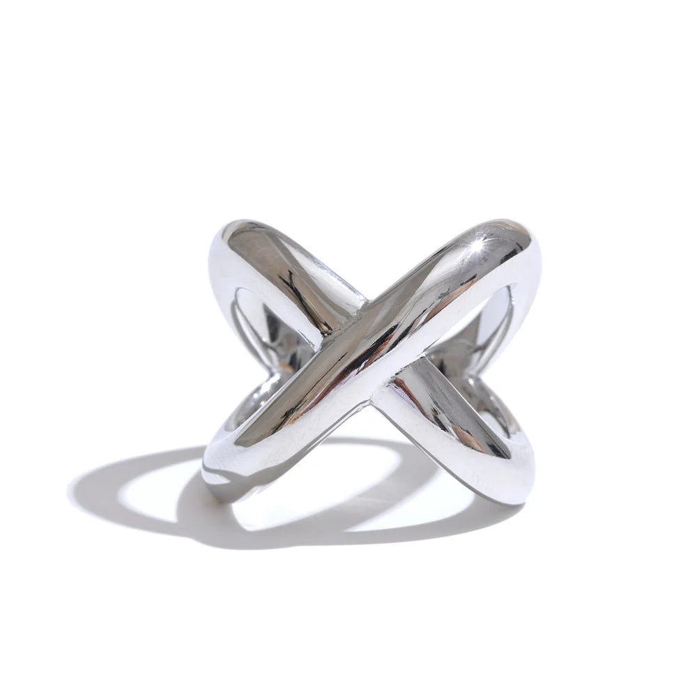 6789# PVD Plated Statement Stainless Steel X-Shape Geometric Finger Ring Waterproof Smooth Metal Handmade Polished Jewelry