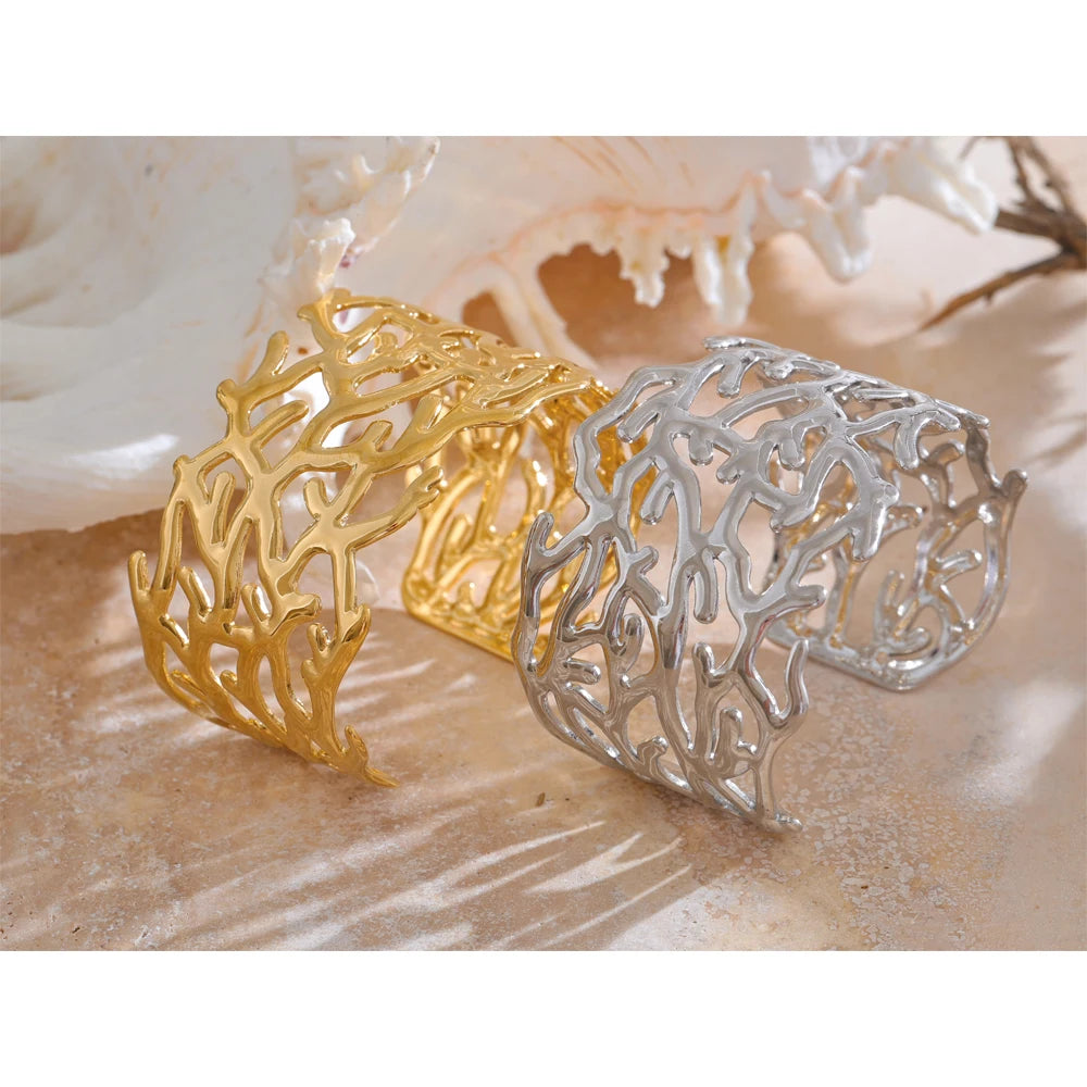 Statement Stainless Steel Twig Geometric Hollow Wide Cuff Big Bracelet Bangle for Women Waterproof Large Jewelry