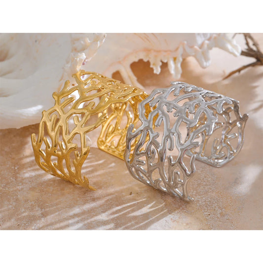 Statement Stainless Steel Twig Geometric Hollow Wide Cuff Big Bracelet Bangle for Women Waterproof Large Jewelry