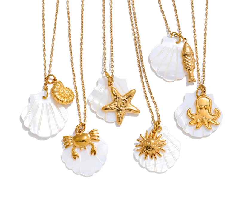 Summer Ocean Style Shell Starfish Conch Pendant Necklace 18K Gold Color Plated Waterproof Charm Jewelry Gift