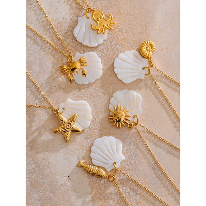 Summer Ocean Style Shell Starfish Conch Pendant Necklace 18K Gold Color Plated Waterproof Charm Jewelry Gift