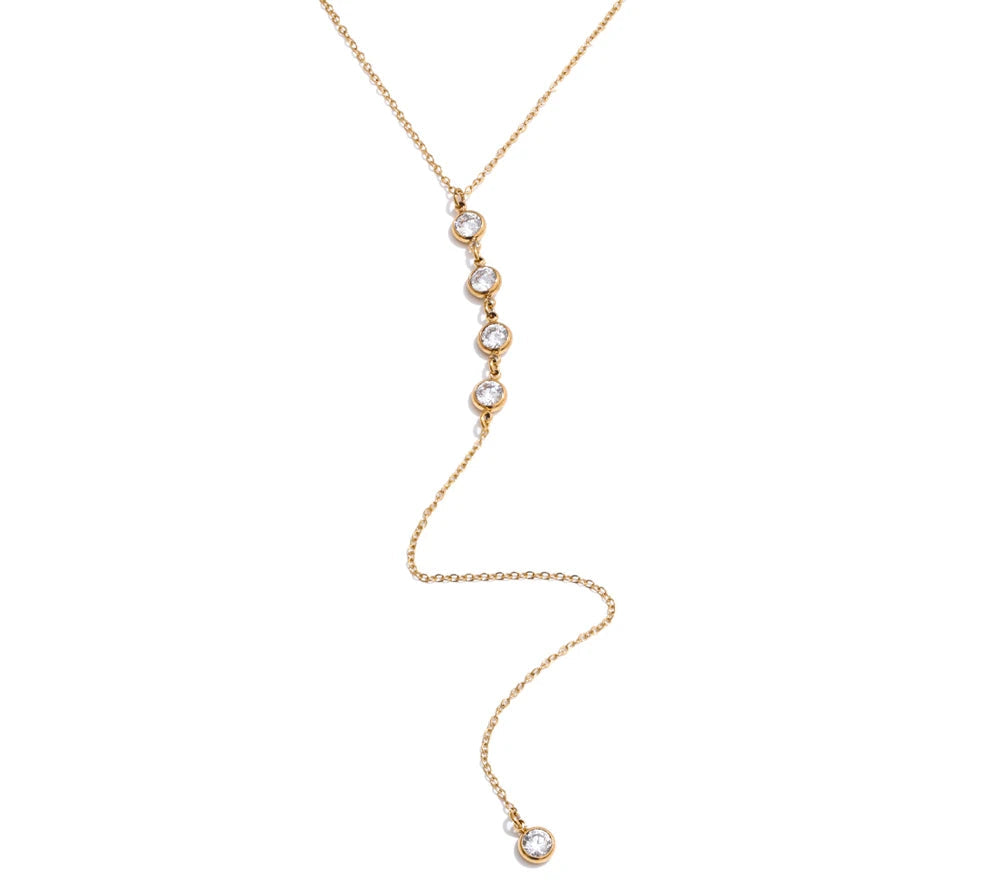 Delicate Cubic Zirconia Round Y Chain Long Drop Necklace for Women Stainless Steel Summer 2025 Jewelry Tarnish Resistant