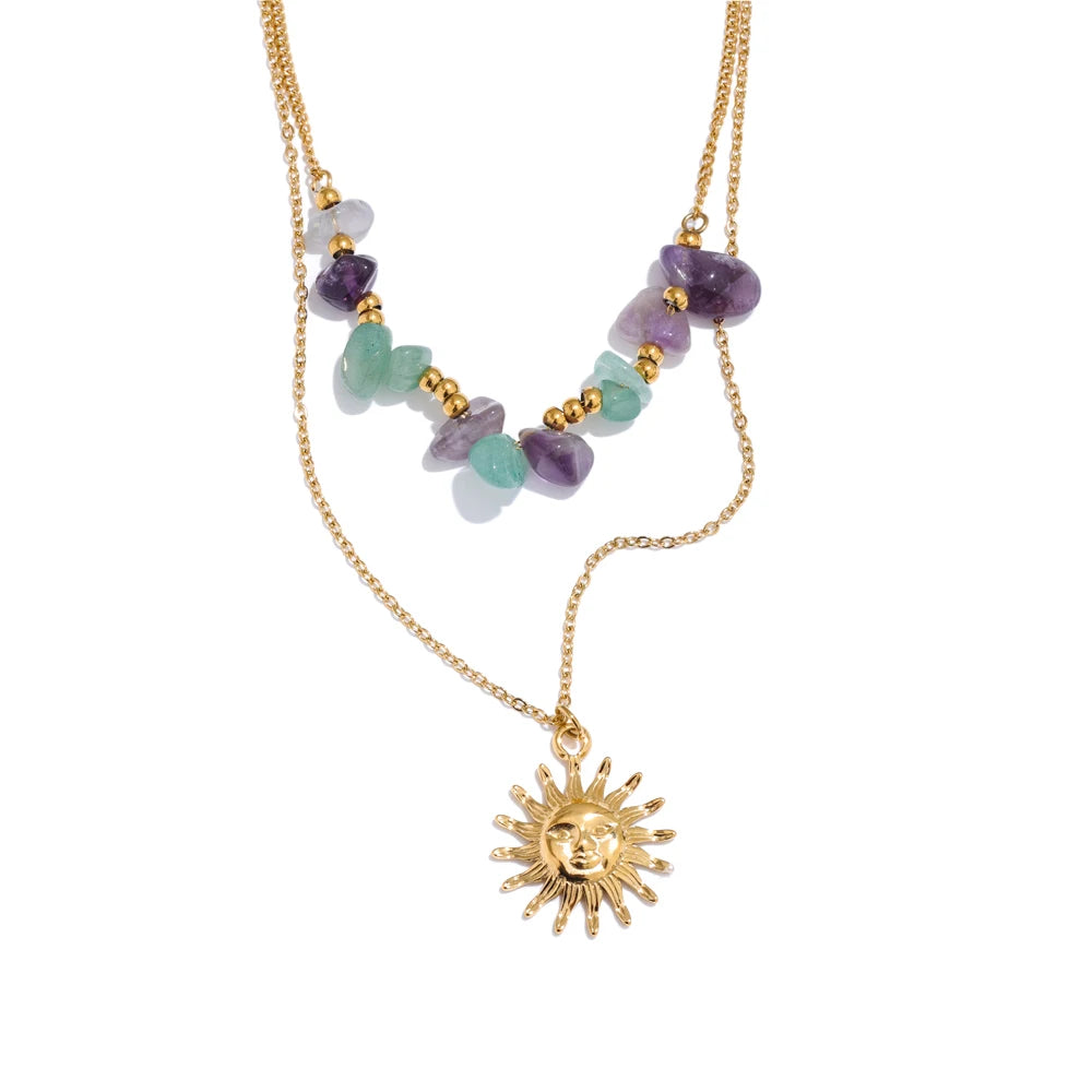 2025 Natural Stone Double-Layer Chain Sun Pendant Necklace for Women 316L Stainless Steel Handmade Jewelry Gift