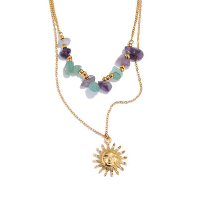 2025 Natural Stone Double-Layer Chain Sun Pendant Necklace for Women 316L Stainless Steel Handmade Jewelry Gift