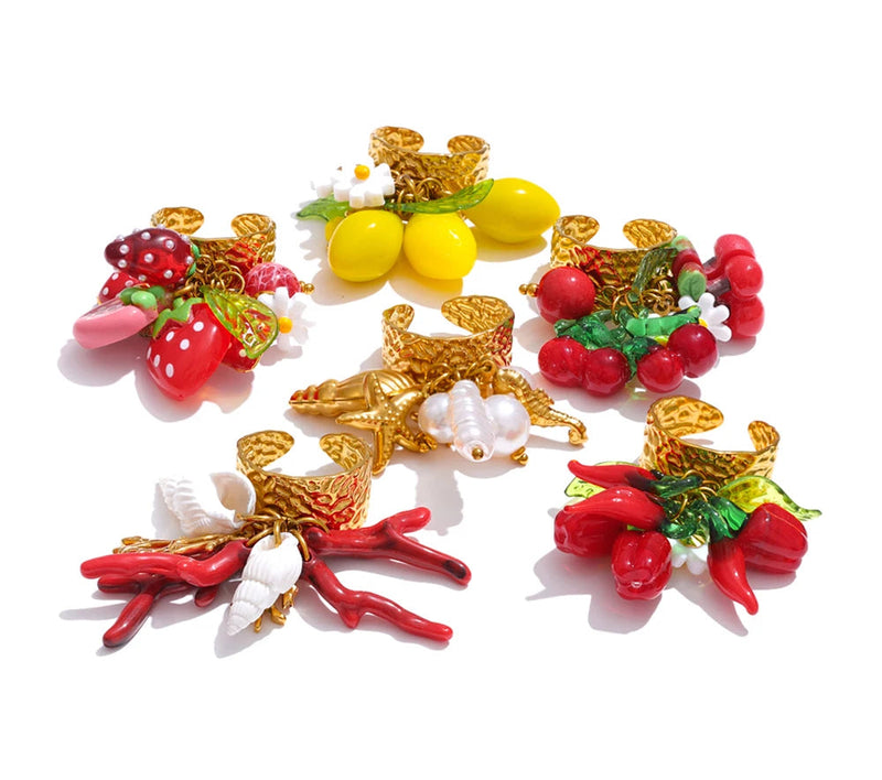 Exclusive Design Strawberry Cherry Chilli Shell Resin Drop Open Adjustable Ring 18K Golden Stainless Steel Charm Jewelry