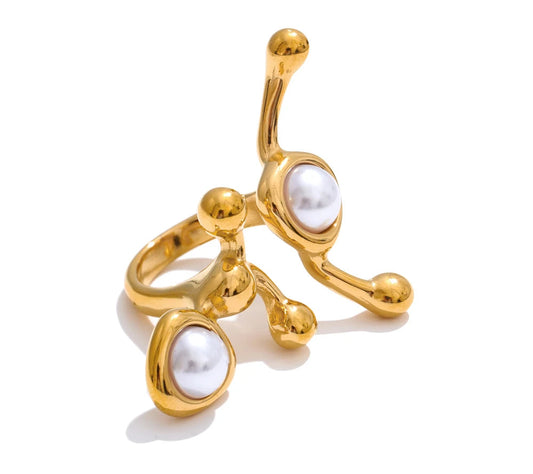 Stylish Unique Design Pearls Geometric Adjustable Ring Personalized Stainless Steel Trending Finger Jewelry 2025