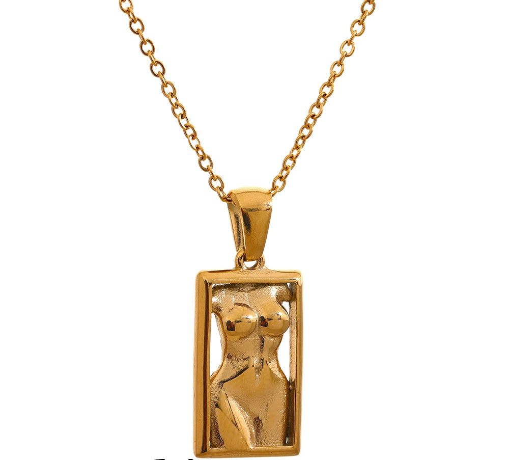 Statement Body Square Pendant Stainless Steel Statement Necklace Gold Color Texture Metal Personalized Jewelry