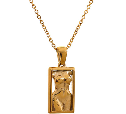 Statement Body Square Pendant Stainless Steel Statement Necklace Gold Color Texture Metal Personalized Jewelry