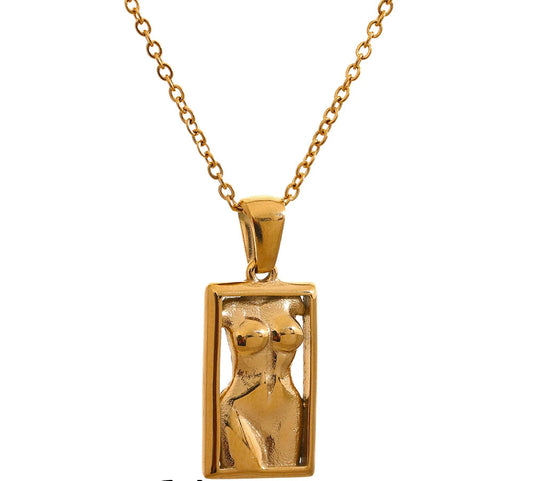 Statement Body Square Pendant Stainless Steel Statement Necklace Gold Color Texture Metal Personalized Jewelry