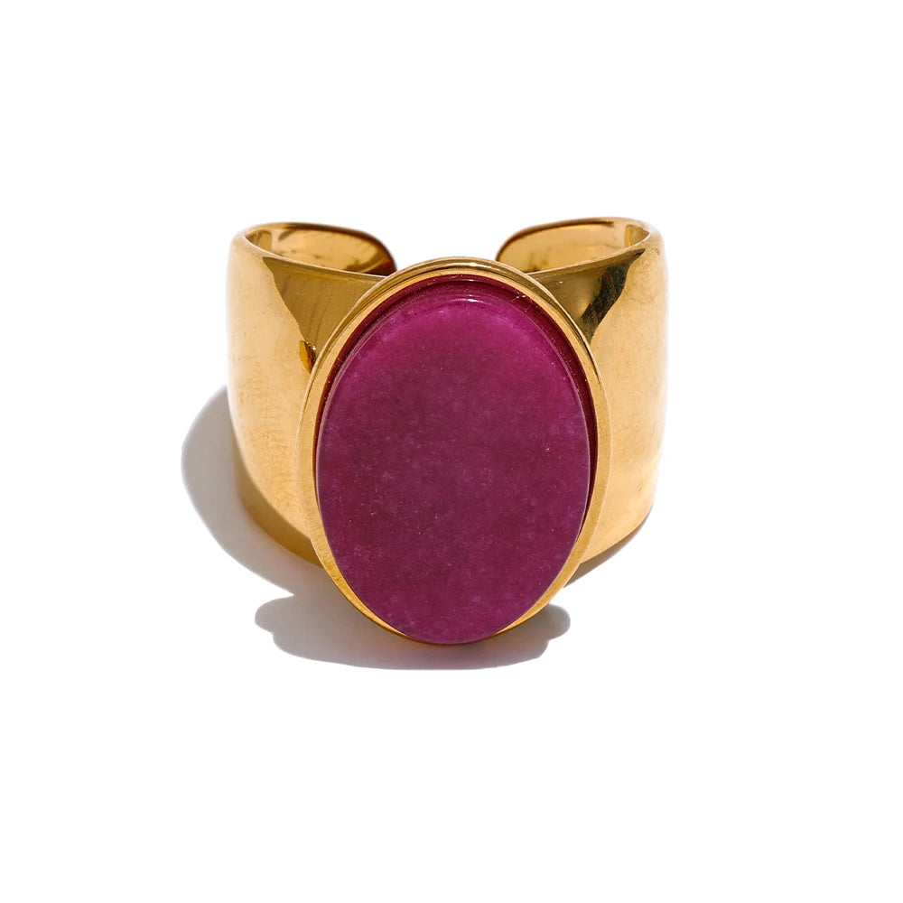 PVD Plated Stone Stainless Steel Gold Color Wide Ring Summer Trendy Fashion Jewelry Accessories Bijoux