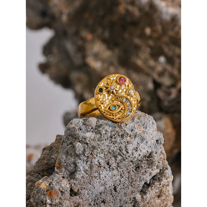 Stainless Steel Star Moon Eye Charms Ring Colorful CZ Zirconia 18K Gold Color High Quality Celestial Jewelry Women Gala