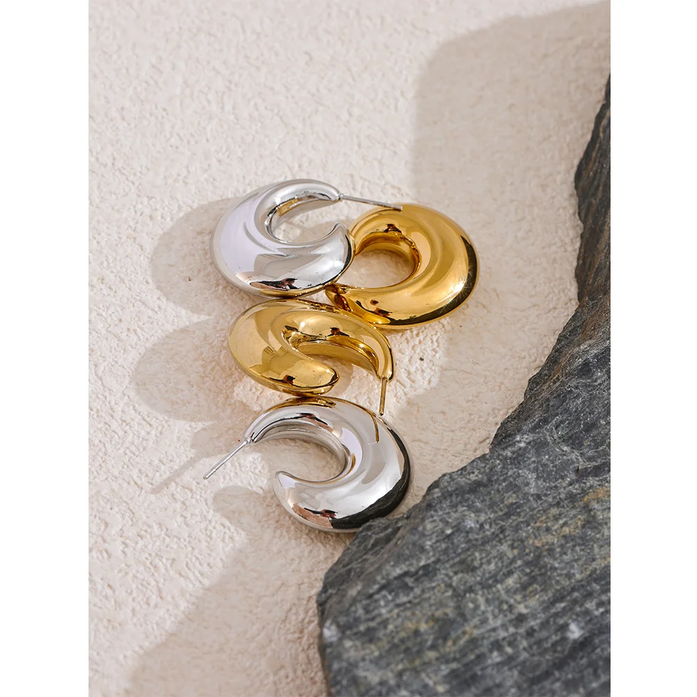 Fashion Smooth Stainless Steel Metal C-Shape Chunky Earrings for Women 18K Plated Waterproof Charm Statement Jewelry