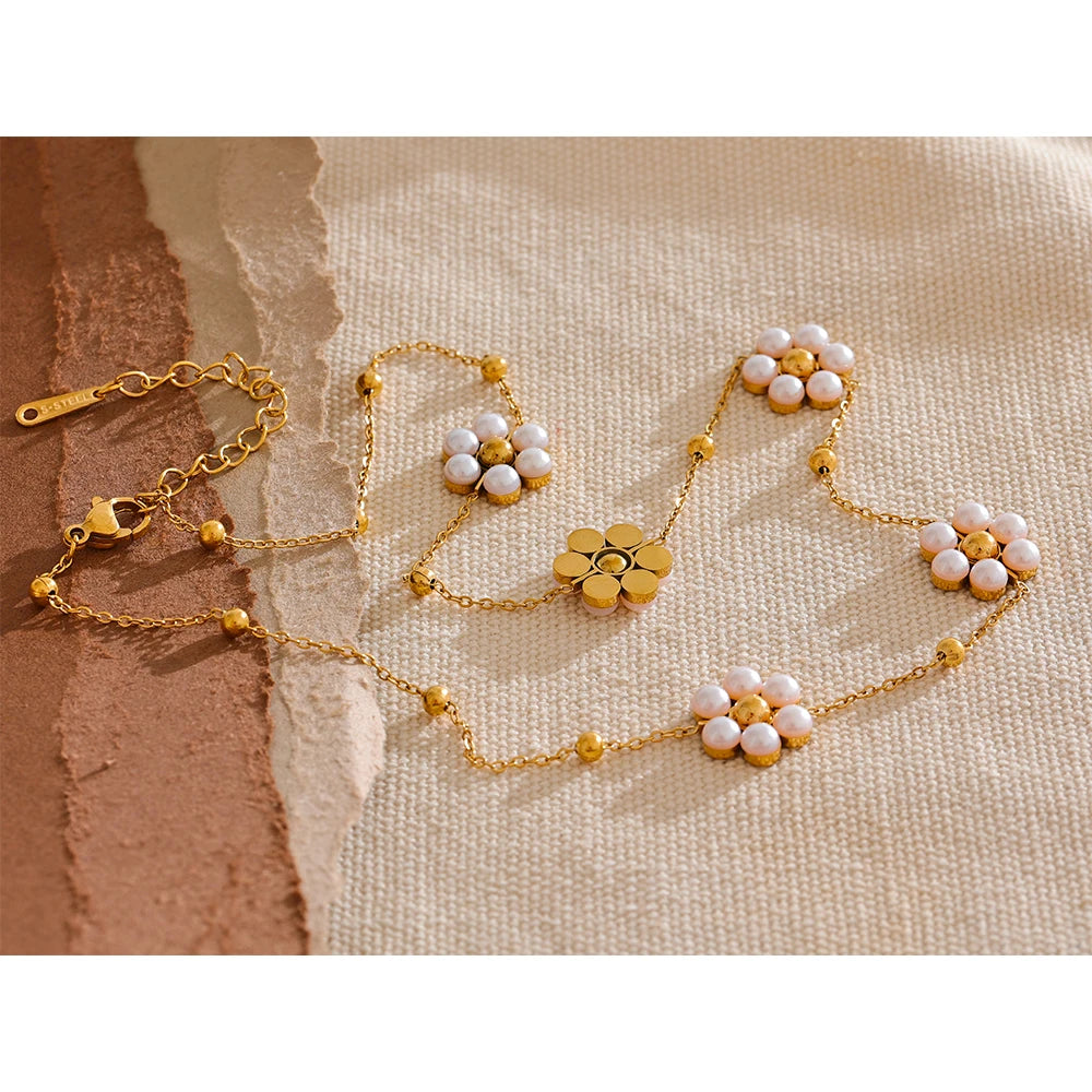 Fashion Imitation Pearls Handmade Flower Beads Chain Necklace Women 18K Gold Color PVD Stainless Steel Jewelry Waterproof