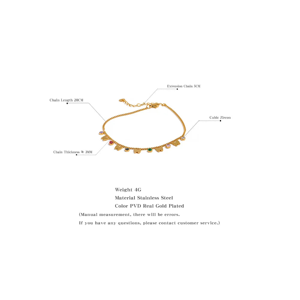 Exquisite Colorful Cubic Zirconia Butterfly Drop Chain Stainless Steel 18K Gold Color Anklet Bracelet Trendy Jewelry