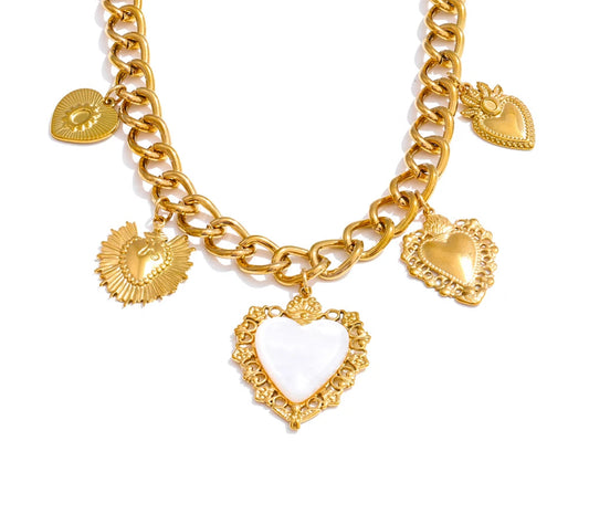 18K Golden Plated Stainless Steel Resin Heart Love Drop Necklace Cuban Chain Texture Charm Popular Jewelry 2025