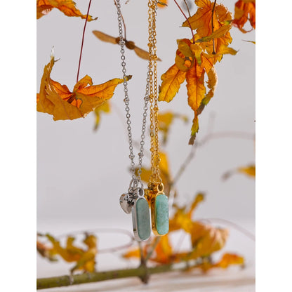 Popular Natural Amazonite Stone Heart Oval Drop Necklace Women Stainless Steel Polished Waterproof Fashion Jewelry Gift