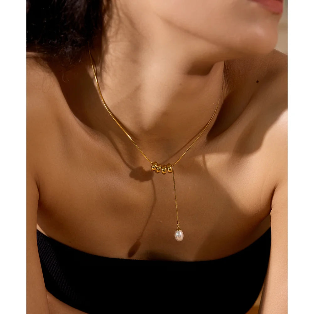 Stainless Steel Round Beads Chain Drop Imitation Pearls Fashion Necklace Elegant Charm Jewelry бижутерия для женщин