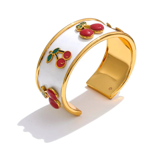64mm Stainless Steel White Enamel Cherry Shape Cuff Bracelet Bangle Hot Style Exquisite Jewelry Gift
