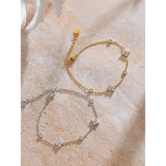 Delicate Cubic Zirconia Flower Chain Thin Bracelet Bangle Stainless Steel Rust Proof Office Ladies Chic Jewelry New Gift