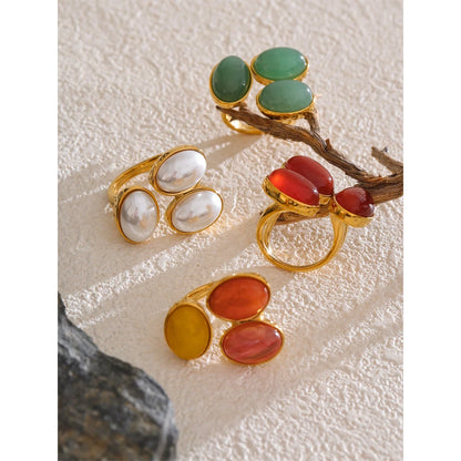 Natural Aventurine Agate Stone Shell Pearl Flower Adjustable Ring Fashion Stainless Steel Charm Finger Jewelry Accessories