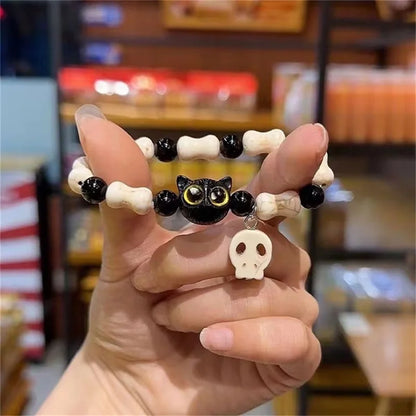 Cute Cartoon Big Eye Cat Bracelets for Women Men Ceramic White Head Skeleton Tassel Beaded Bracelet Halloween Party Jewelry Gift